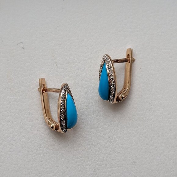 Russian Solid 14K 585 Rose Pink Gold Turquoise White Paste Stones EARRINGS - Picture 3 of 7